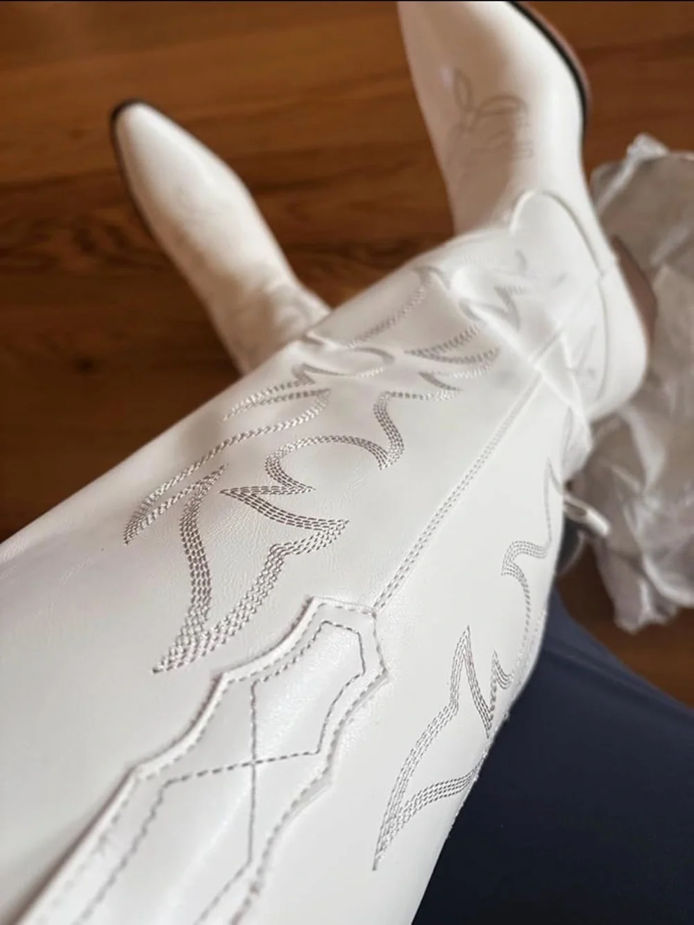 Over-the-Knee Wide Calf White Western Boot with Embroidered Stitching